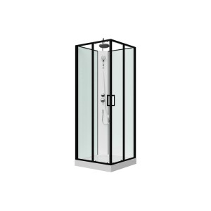 Quadratische Duschkabine Samabi 80 cm mit schwarzen Rahmen, klarem Glas und weißer Duschwanne. Moderne Dusche.