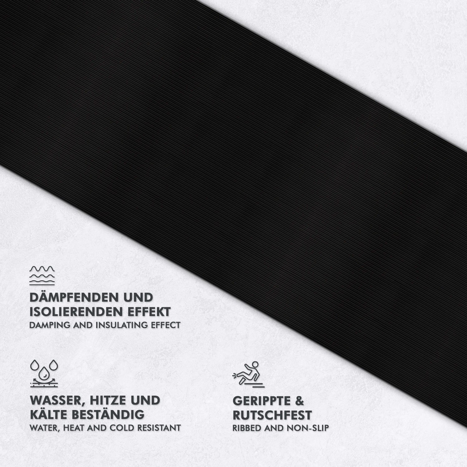 Fein gerippte, schwarze KARAT Gummimatte als rutschfester PVC-Bodenbelag.
