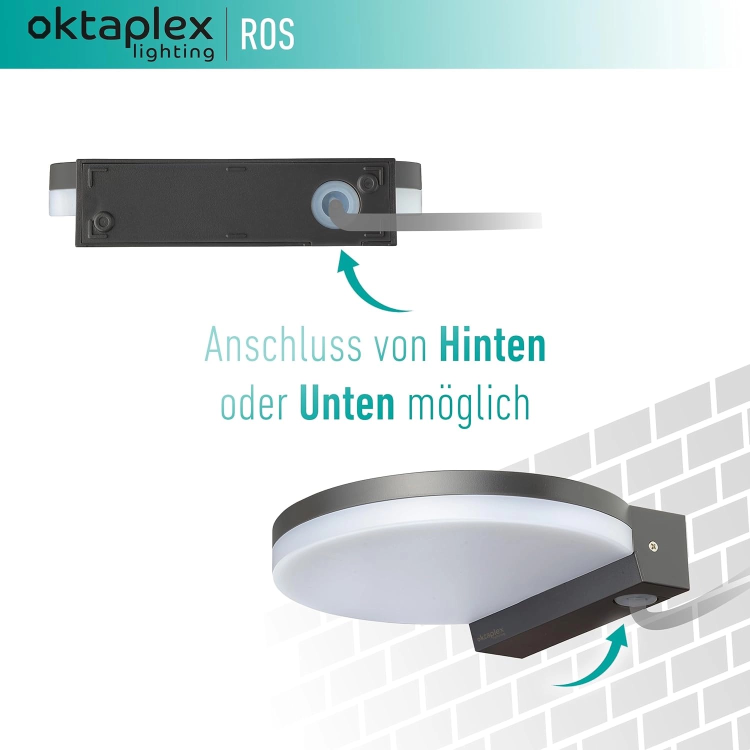 Oktaplex LED Außenleuchte Ros, flache Wandleuchte in Anthrazit, Anschluss von hinten oder unten möglich.
