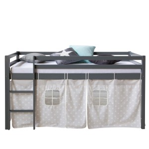Homestyle4u Hochbett 90x200 mit Vorhang in Grau Sterne 1875