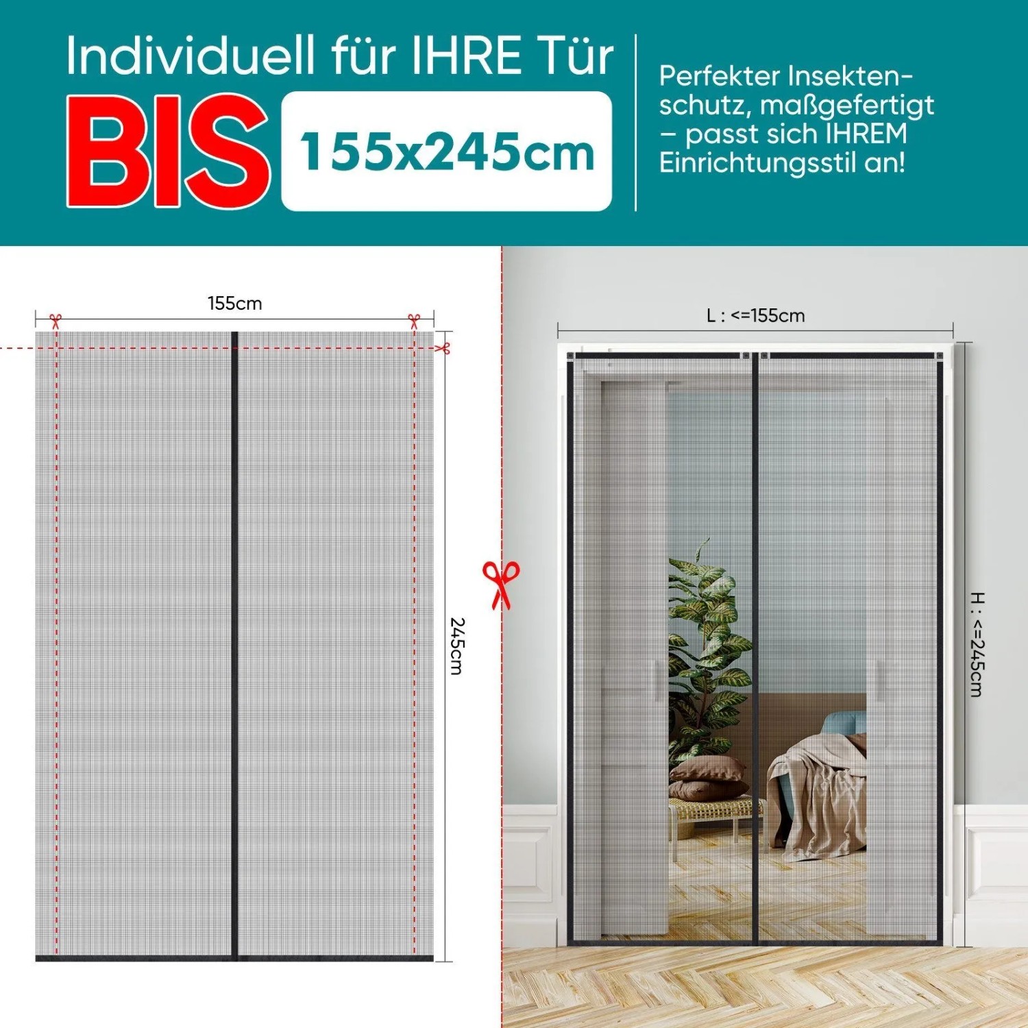 Schwarzes magnetisches Fliegengitter für Türen, zuschneidbar bis 155x245cm, mit Klettverschluss. Insektenschutz ohne Bohren.