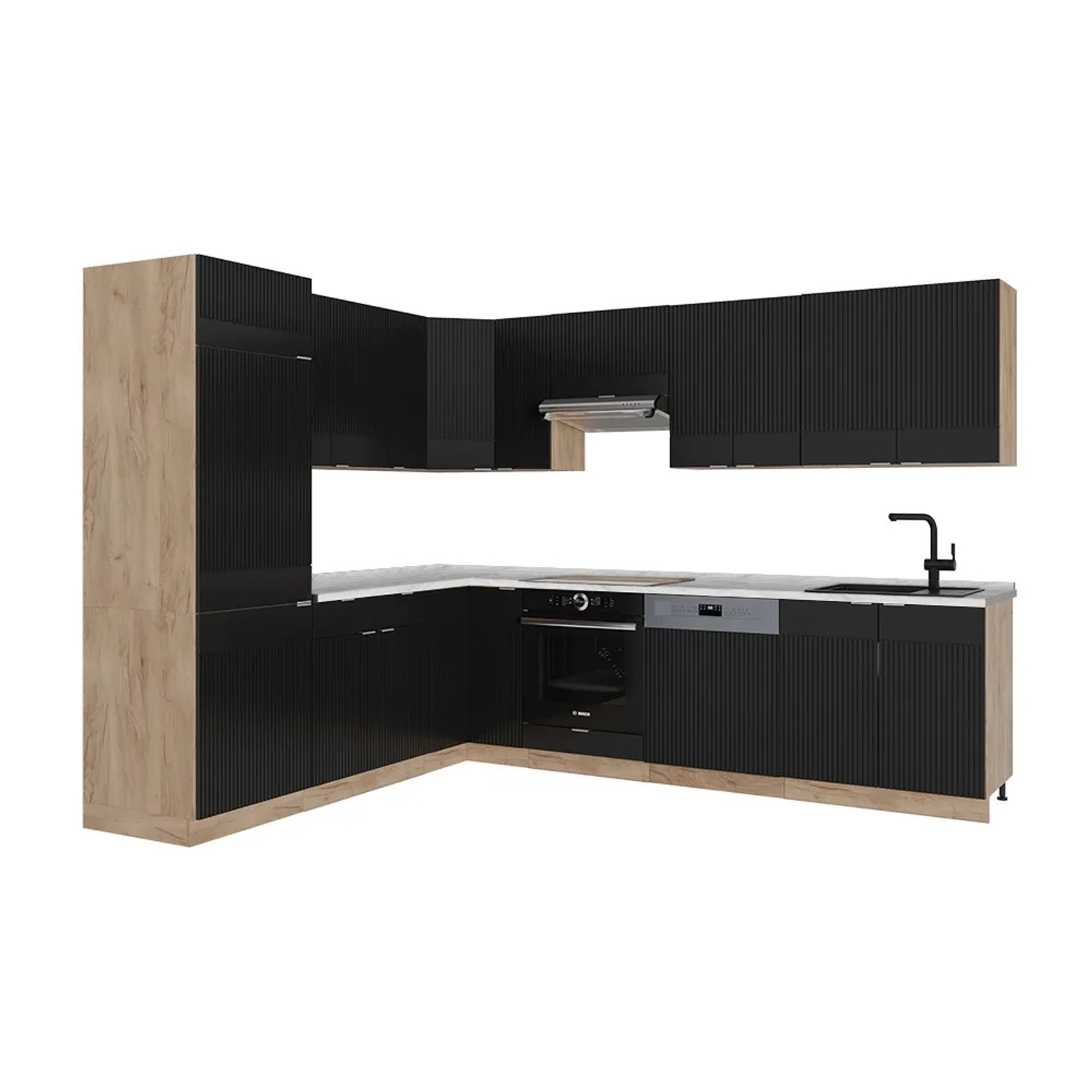 Vicco Fame-Line Eckküche Schwarz gestreift/Goldkraft Eiche 227 x 287 cm AP Marmor ohne E-Geräte