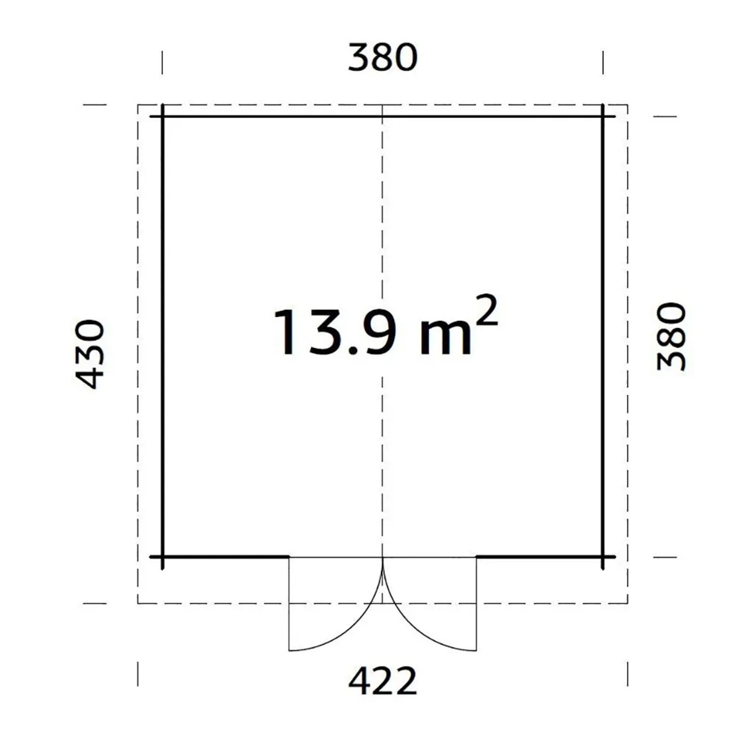 Grundriss Palmako Gartenhaus Lotta, 380x380 cm, Fläche 13,9 m², Holz-Gartenhaus