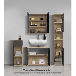 mokebo Badmöbel-Set „Der Steuermann“ in Eiche-Schwarz, 4-teilig mit Waschbecken und Badschränken.