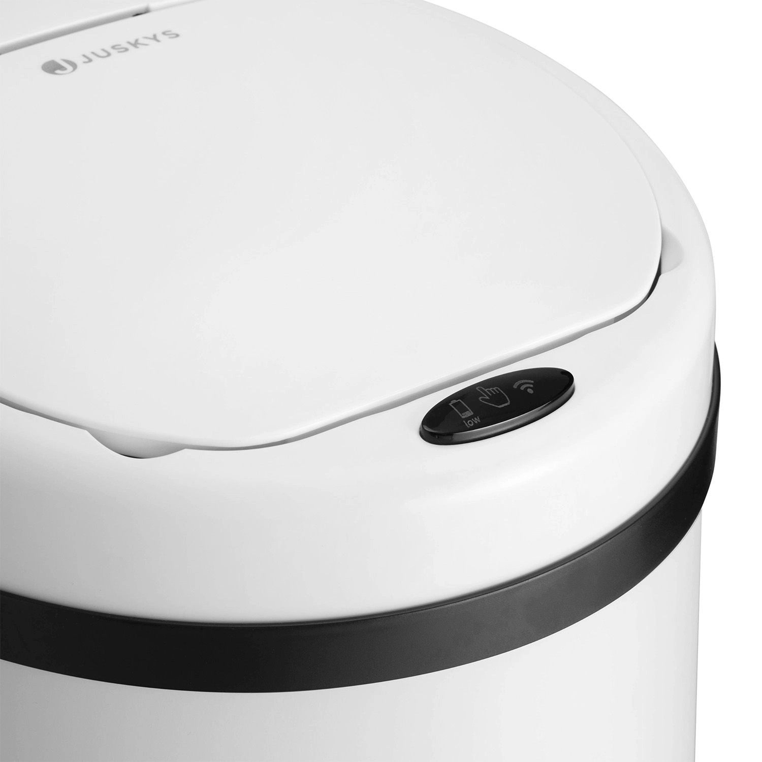 Weißer Juskys Mülleimer mit Sensor, 30L, runder Form und Bedienfeld auf dem Deckel.