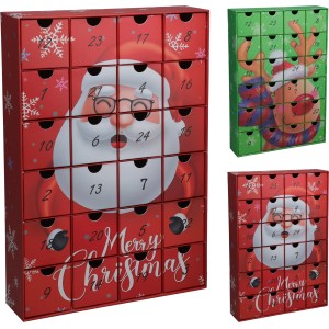 Adventskalender mit Santa und Rentier Motiv, rot-grün, zur Weihnachtsdekoration.