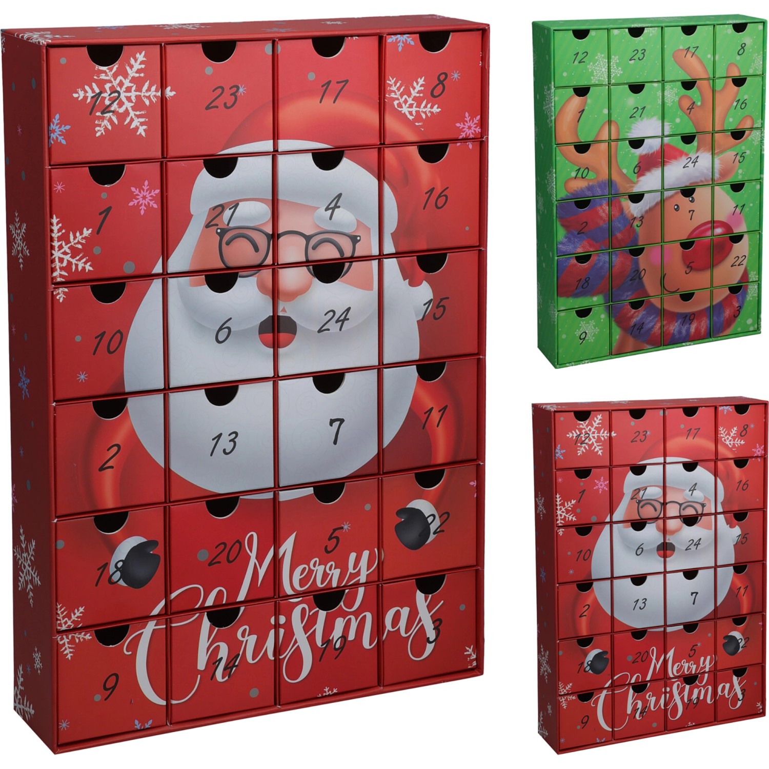 Adventskalender Santa und Rentier 383 x 257 x 64 mm Rot-Grün 2-fach Sortiert