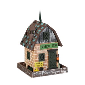 Buntes Relaxdays Vogelhaus aus Holz im Design eines kleinen Ladens zum Aufhängen.