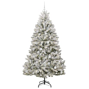 Künstlicher, weiß-grüner Weihnachtsbaum (210 cm) mit Kugeln und LED-Lichtern.