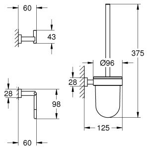 Technische Zeichnung: Grohe WC-Set 3 in 1 Essentials Cube mit Maßen für Bad, WC-Papier und Bürste.
