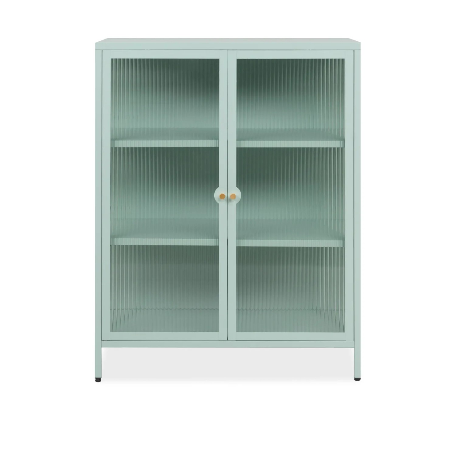 Mintgrüne Furn.Design Vitrine Maram, 80x102cm, mit 2 Türen, geriffeltem Glas und 3 Fächern.