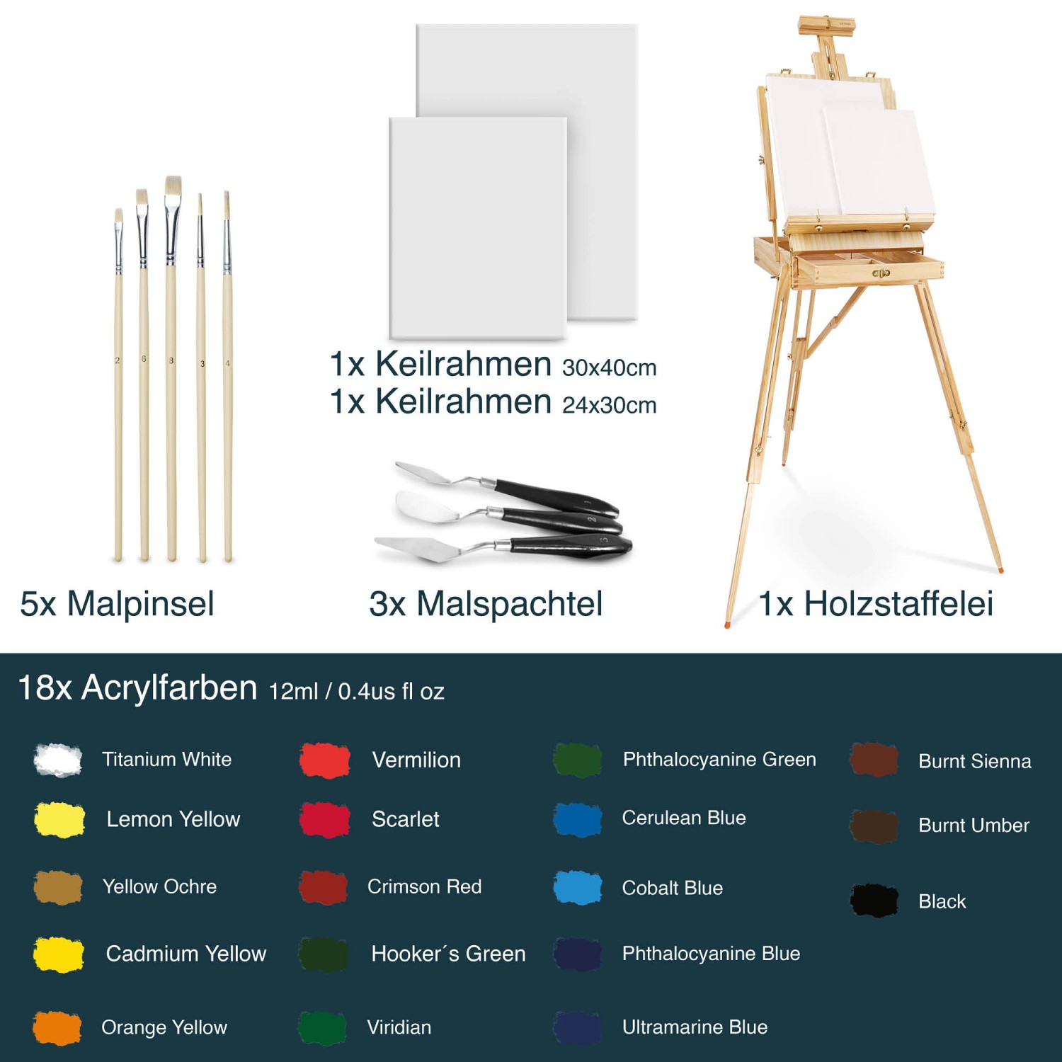 Artina Madrid Staffelei-Set: Kiefer Staffelei, Acrylfarben, Pinsel, Keilrahmen und Malspachtel.
