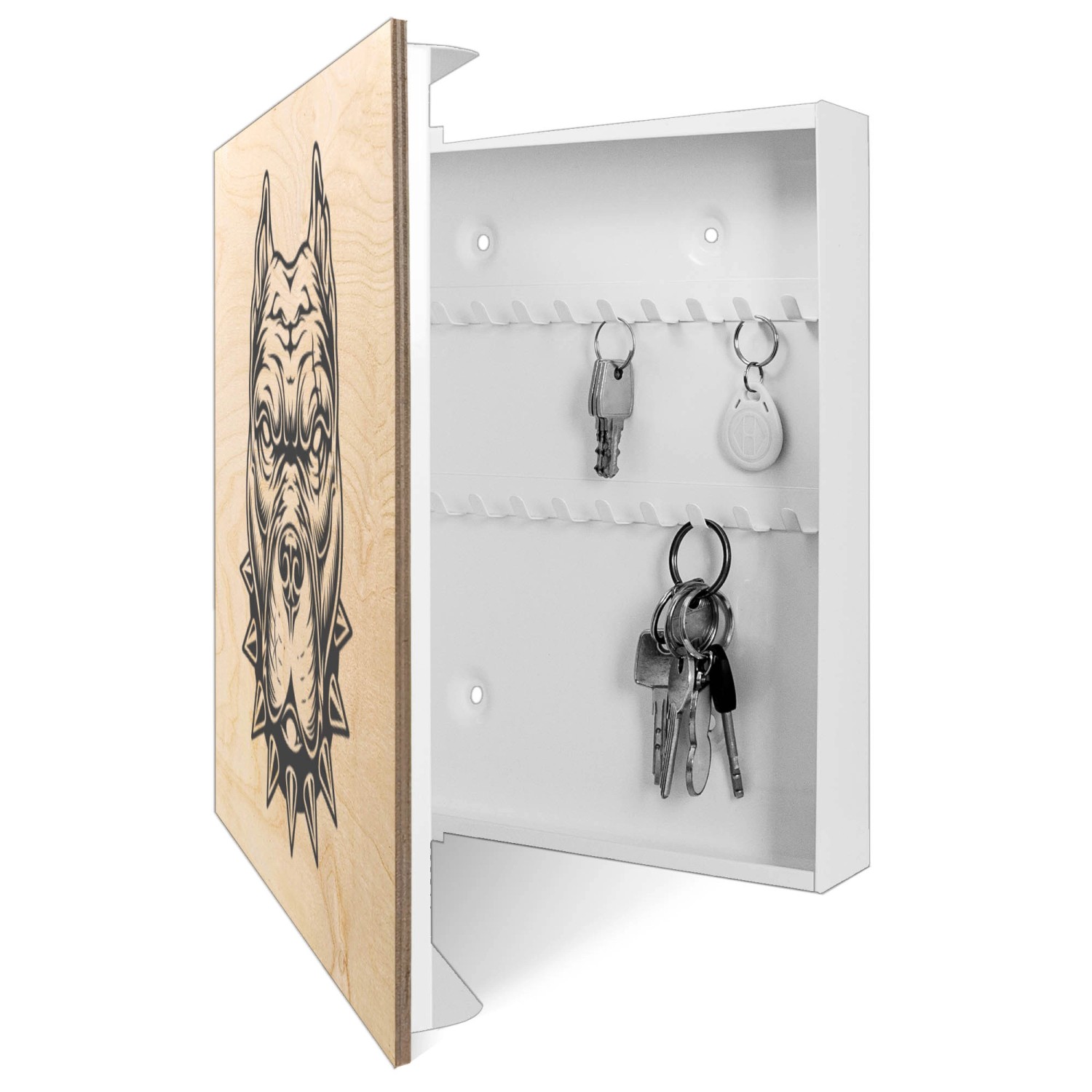 Weißer Schlüsselkasten mit Holzfront, Pitbull-Motiv und 50 Haken zur Wandmontage.