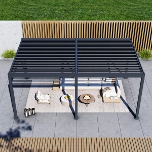 Moderne Paragon Outdoor Pergola Grand Tuscan mit Lamellendach und Gartenmöbeln.