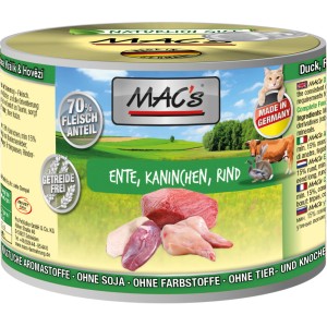 Mac's Katzen-Nassfutter Ente, Kaninchen und Rind, 200g Dose. Getreidefreies Alleinfutter mit hohem Fleischanteil.