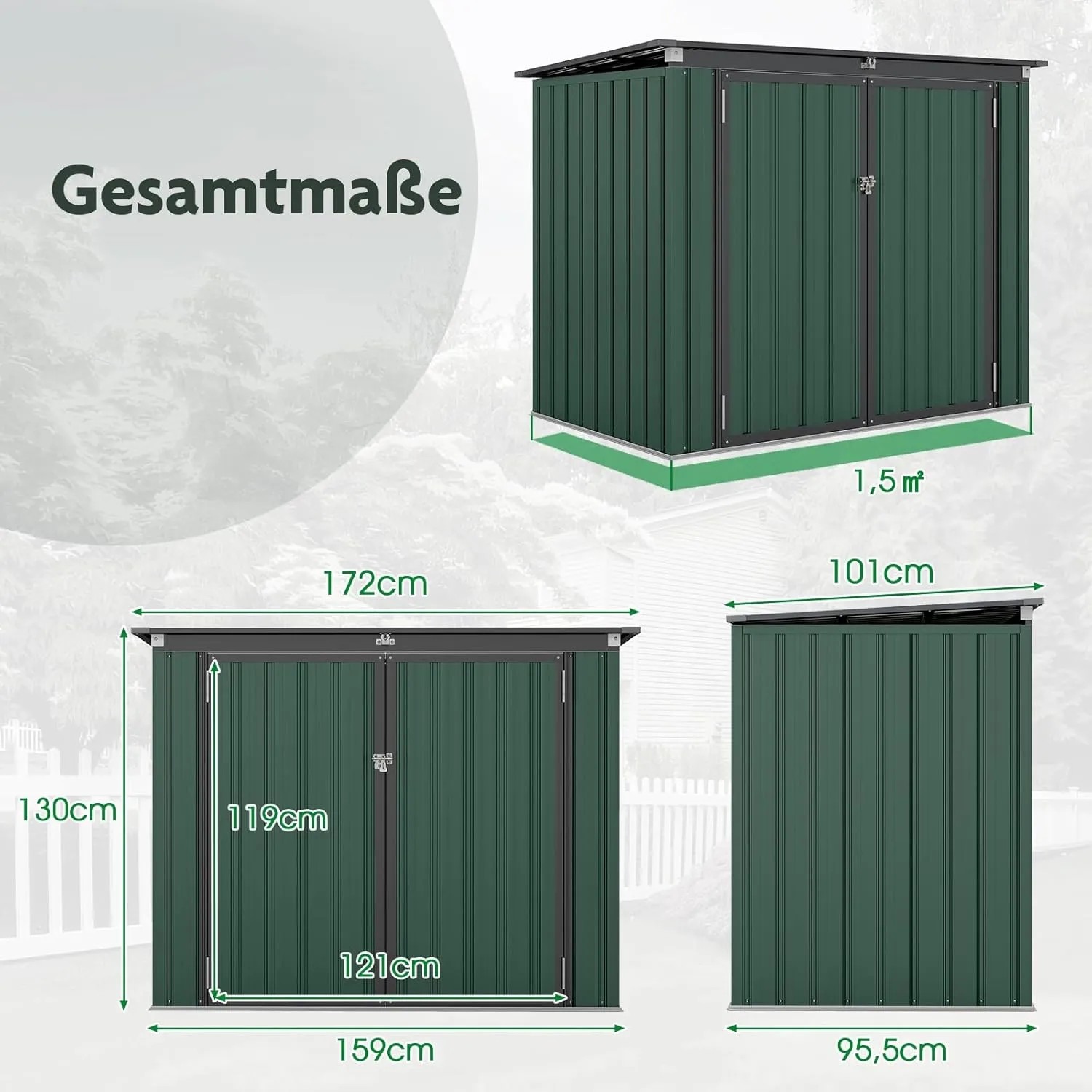 Grüne Metall Mülltonnenbox für 2 Tonnen mit Gesamtmaßen 172x95,5x130 cm. Ansichten von Front, Seite, oben.