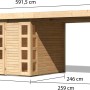 Karibu Holz-Gartenhaus Sölve mit Flachdach und Anbau, unbehandelt, mit Maßangaben.