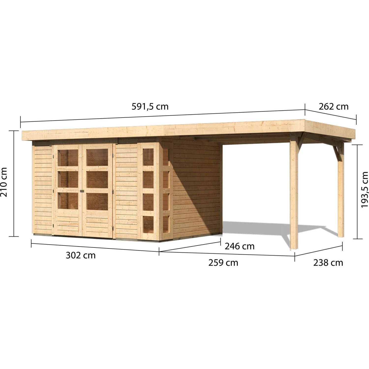 Karibu Holz-Gartenhaus Sölve mit Flachdach und Anbau, unbehandelt, mit Maßangaben.