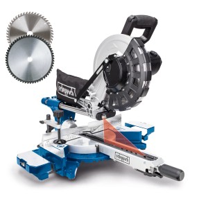 Scheppach HM254 Kapp-/Zugsäge mit Laser und zwei Sägeblättern für präzise Schnitte.