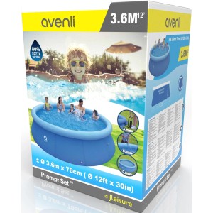 Verpackung Avenli Prompt Set Aufstellpool, rund, 360x76 cm, blau. Familie im Pool.