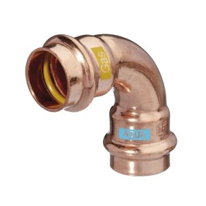 Glänzender Kupfer Pressfitting Bogen 90 Grad für Gas- und Wasserinstallation, 15x15 mm. Gelber Dichtring sichtbar.