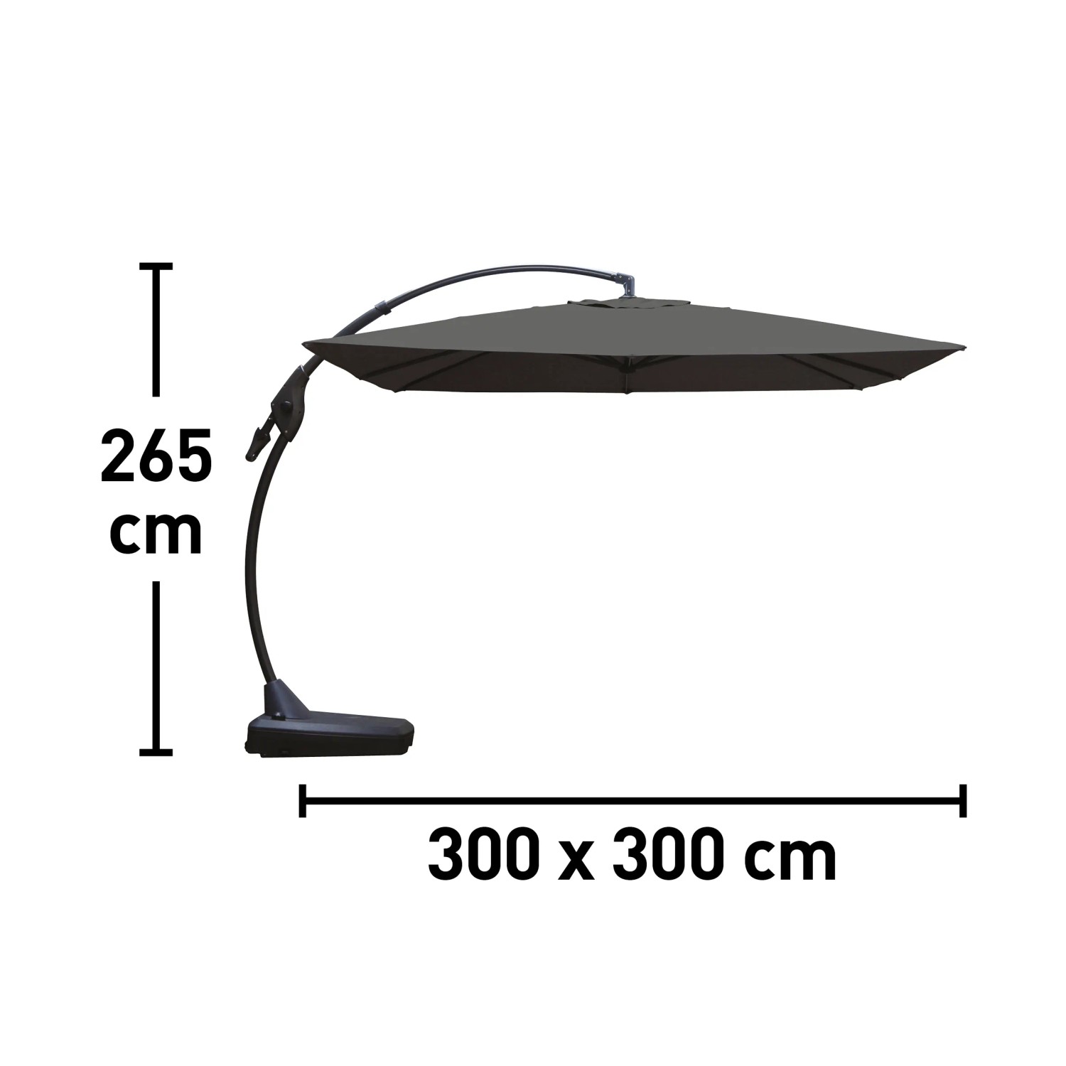 Anthrazitfarbener Ampelschirm Peoria, 300x300 cm, mit Kurbel und seitlichem Schirmmast.