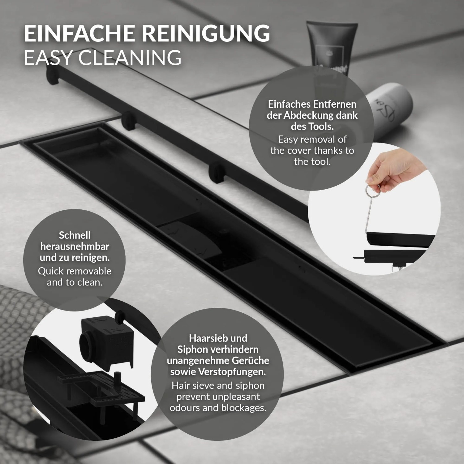 Schwarze LuxeBath Duschrinne 60cm aus Edelstahl, befliesbar, extra flach, mit Reinigungsfunktionen.