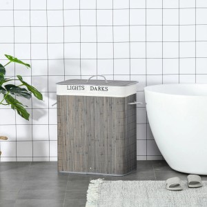 Grauer HOMCOM Wäschekorb aus Bambus mit Deckel und Fächern für helle und dunkle Wäsche.