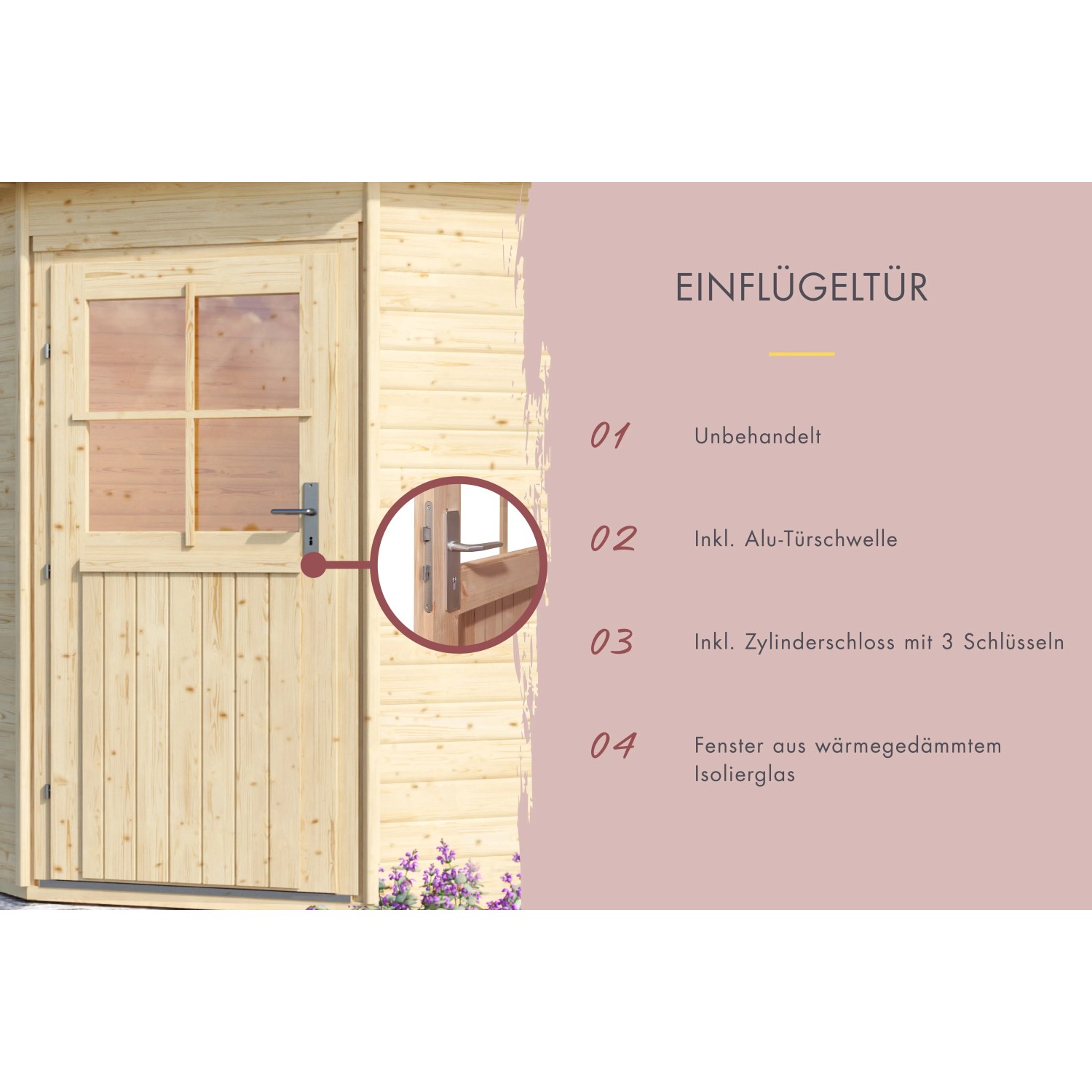 Karibu Türpaket für Außensauna Klassisch, naturbelassene Holztür mit Fenster und Zylinderschloss.