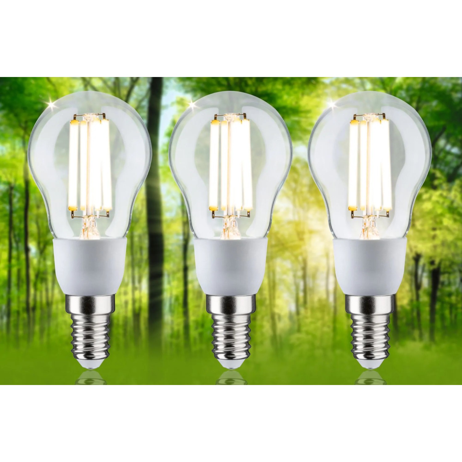 Drei Paulmann E14 LED Leuchtmittel in Tropfenform, 2,5 W, warmweißes Licht.