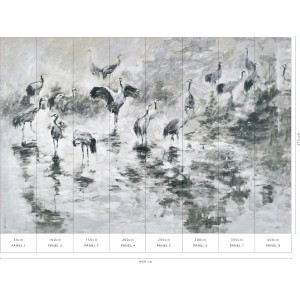 Graue Erismann Fototapete mit Kranich-Motiv von Guido Maria Kretschmer, 4,0m x 2,7m.