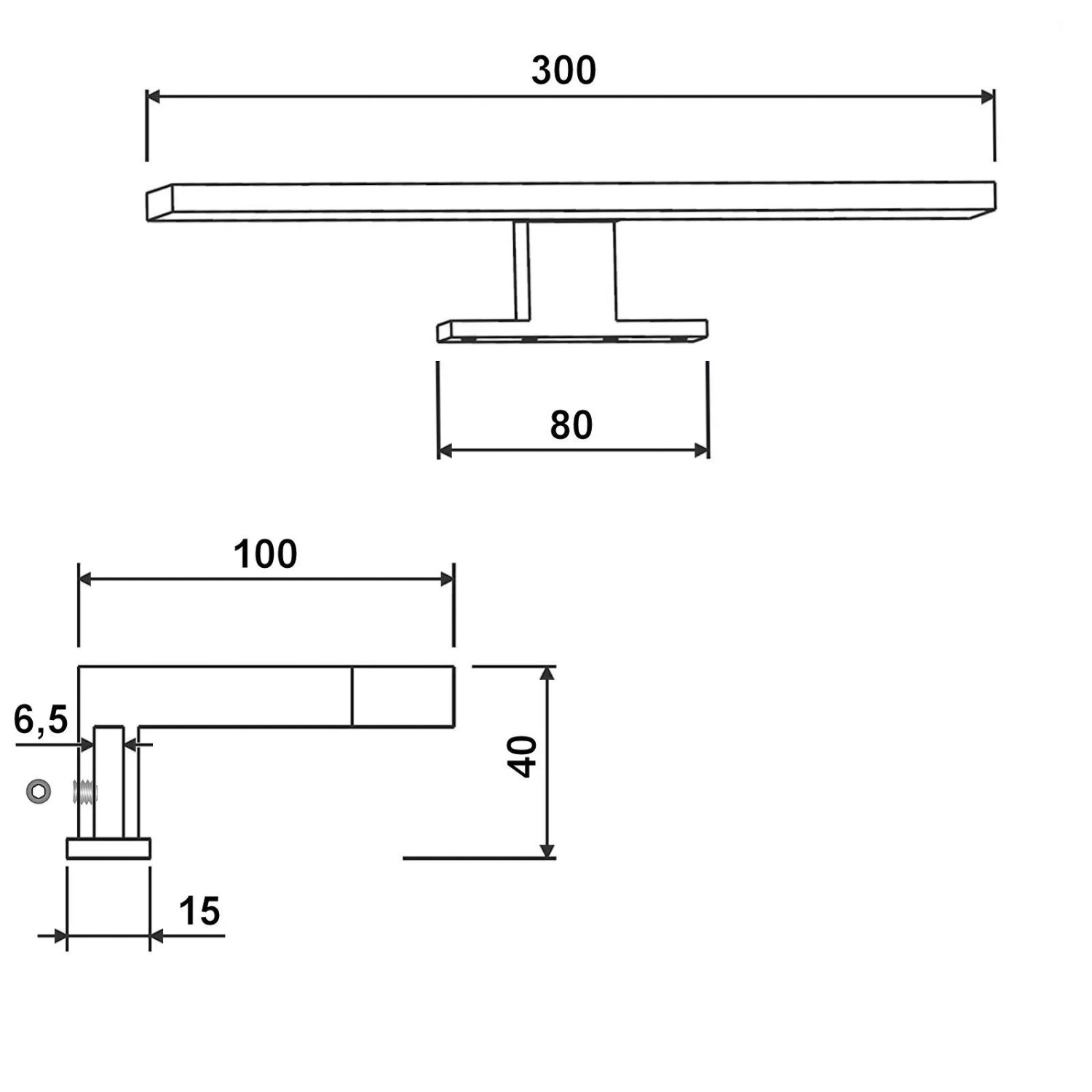Technische Zeichnung der SOTECH LED Unterbauleuchte SKY 300mm. Ansichten mit Maßen: L 300, T 100, H 40mm.