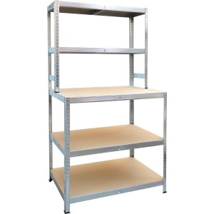 Verzinkte Metall-Werkbank mit Regalaufsatz, 180x100x60 cm, ideal für Werkstatt und Hobbyraum.