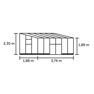 Skizze des schwarzen Halls Qube Lean-to 612 Gewächshauses mit Maßangaben.