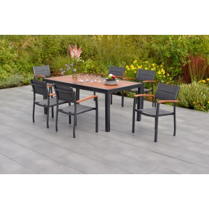 Merxx Gartenmöbel-Set Paxos, 7-teilig mit Ausziehtisch und 6 Stapelsesseln mit Akazienholz-Armlehnen.