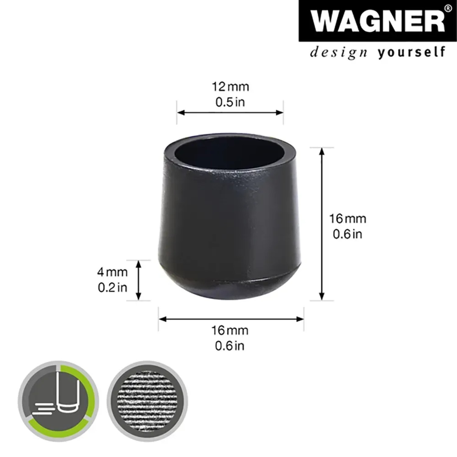 Schwarze Wagner Kappe EH 0612 für Stahlrohrmöbel, Ø 1,2 cm, 4er-Set.
