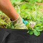 Hand füllt schwarzen Polyester Laubsack mit Laub und Grünschnitt. Ideal für Gartenabfälle und Gartenarbeit.