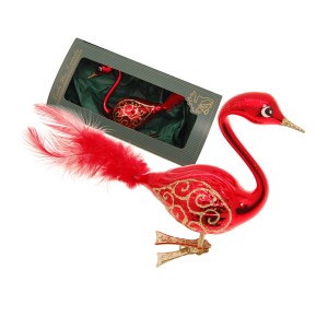 Roter Krebs Glas Lauscha Schwan, 5cm Weihnachtsornament mit Clip und Feder.