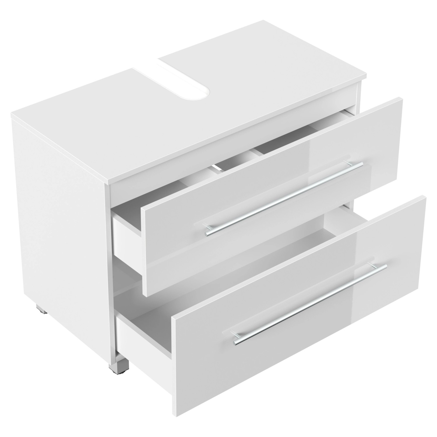 Posseik Waschbeckenunterschrank Mondial, 85 cm, Weiß Hochglanz mit zwei offenen Schubladen.