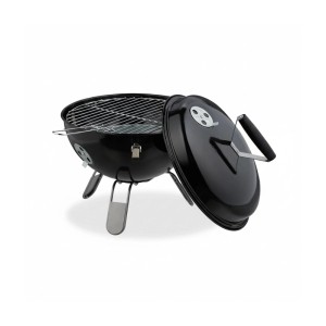 Schwarzer tragbarer Kugelgrill aus Stahl mit offenem Deckel, Grillrost und drei Beinen. Ideal für Camping & Picknick.