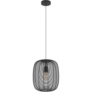 Schwarze Eglo Pendelleuchte Rinroe mit filigranem Metallschirm und E27 Fassung.