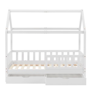 Weißes Juskys Kinderbett Marli (90x200 cm) mit Bettkasten und Lattenrost.