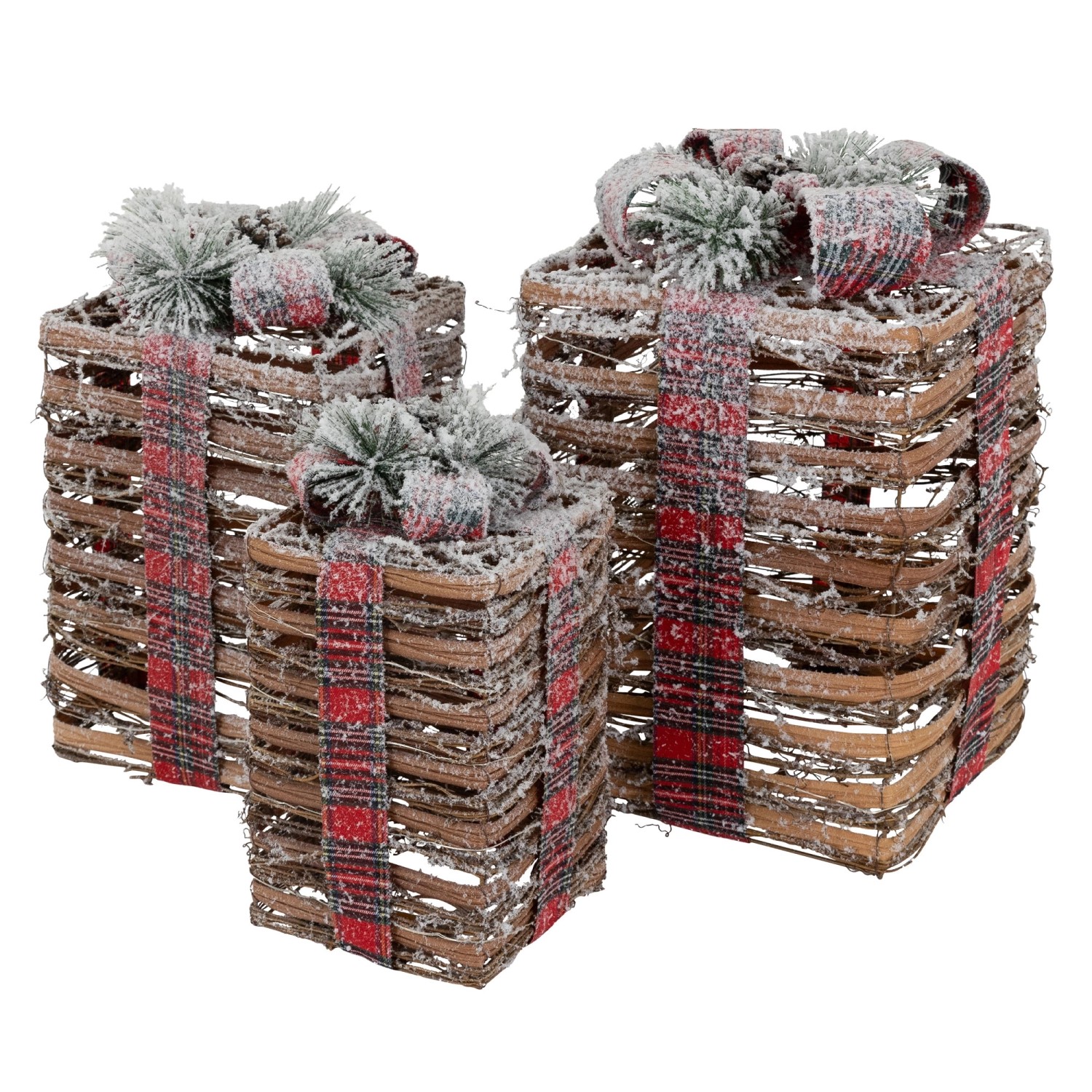 ECD Germany 3Er Set LED Geschenkboxen Braun Rattan Geschneit mit Timer