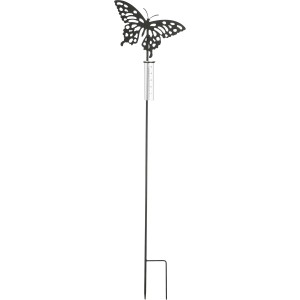 Schwarzer Gartenstecker mit Regenmesser und Schmetterling von Mica Decorations, 118cm hoch.