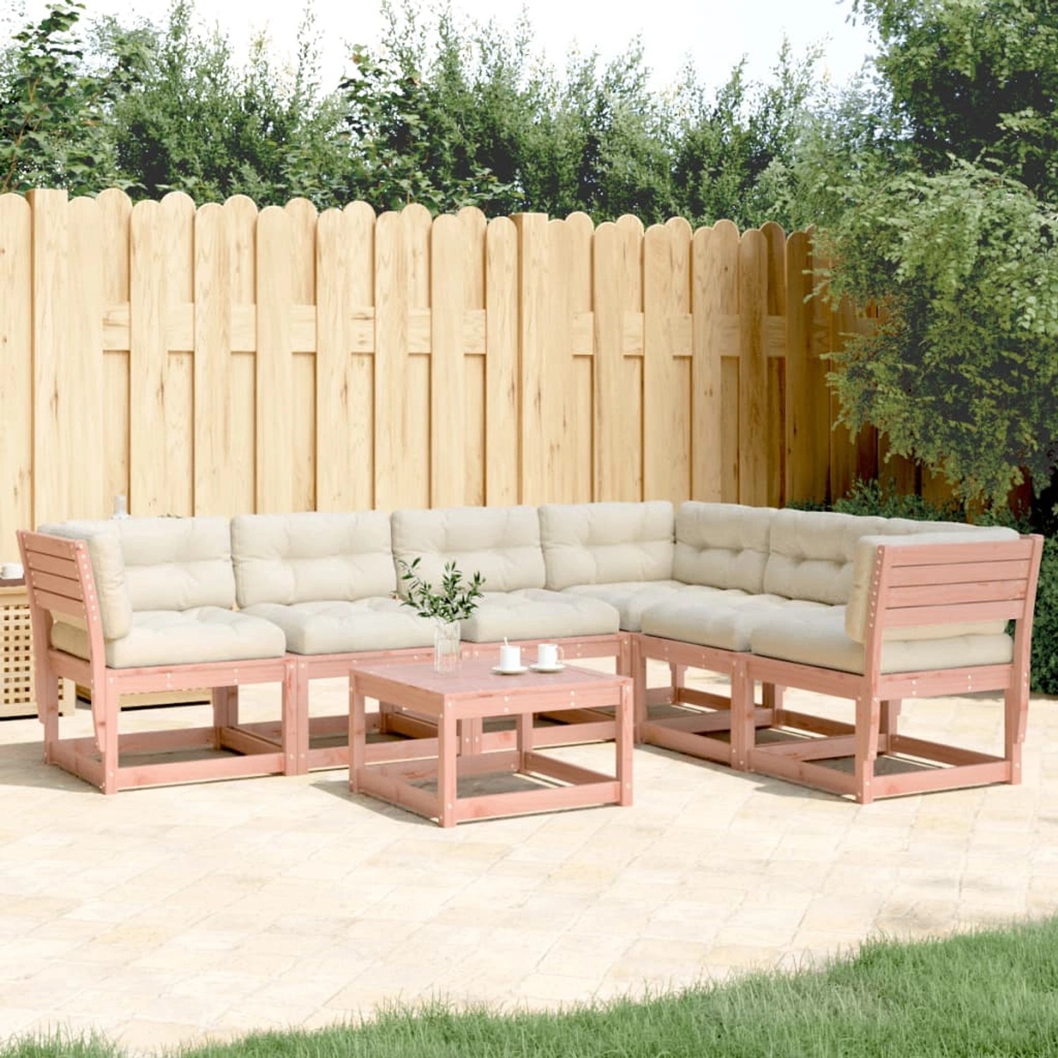 6-tlg. Garten-Sofagarnitur aus Douglasie mit Kissen, Modell 2. Gartenmöbel-Set mit Ecksofa, Sesseln und Tisch.