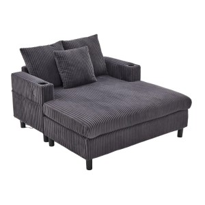 Grauer Corduroy Sofa Schlafsessel mit breiter Liegefläche, LED, USB und Getränkehaltern. Bequemer Relaxsessel inkl. Kissen.