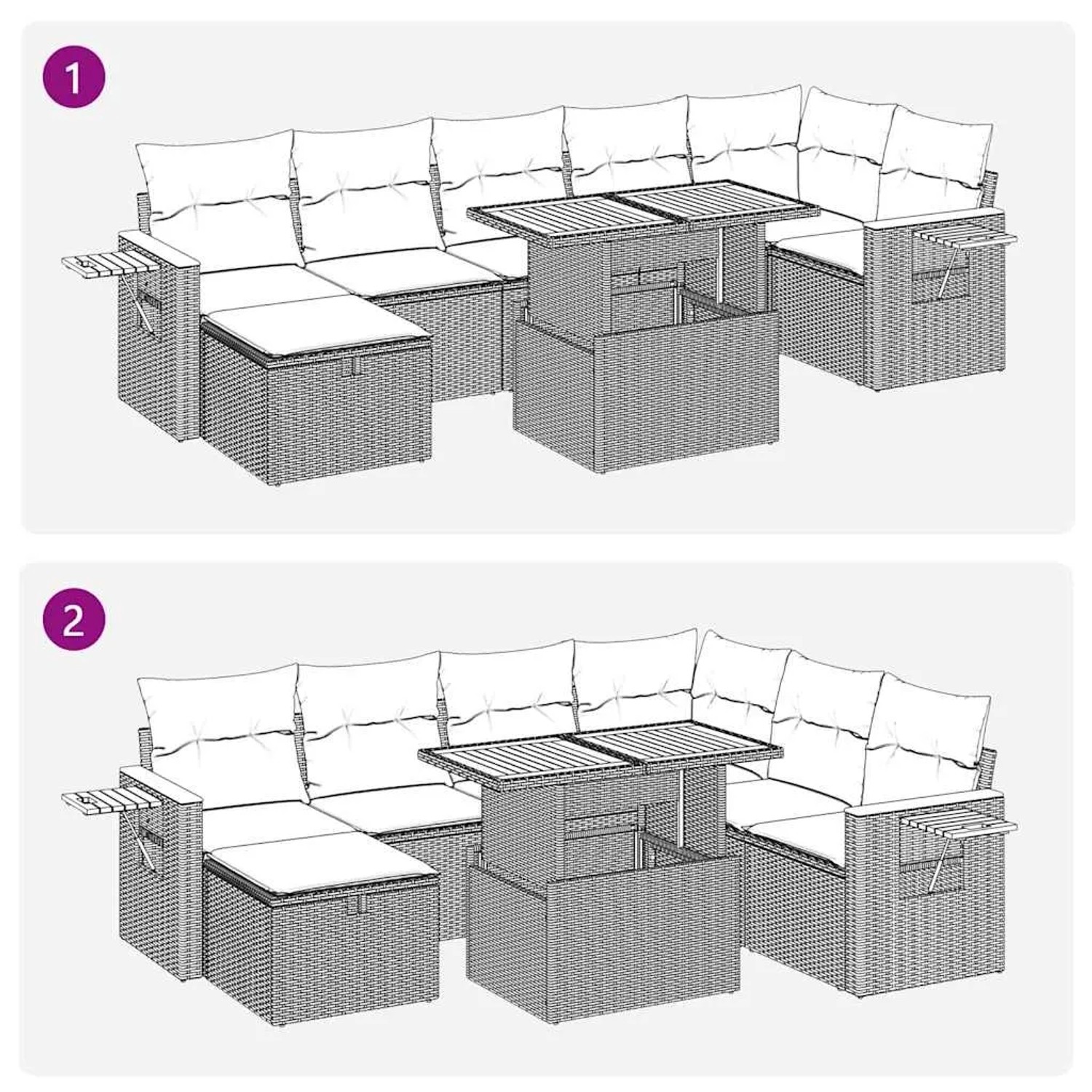 vidaXL 5-tlg. Garten-Sofagarnitur aus schwarzem Rattan mit Kissen, bestehend aus Sofa, Tisch und Hocker.