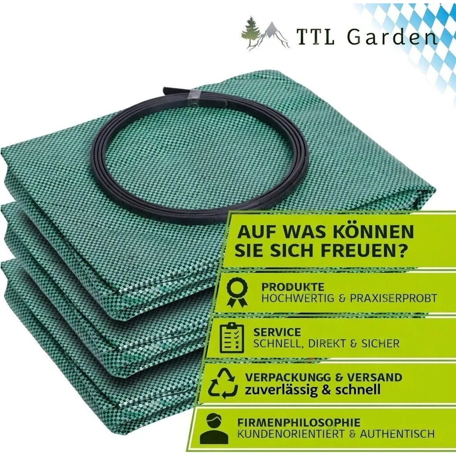 Drei grüne TTL GARDEN Gartensäcke 300 L im 3er Set, gefaltet. Robuste Laubsäcke selbststehend für Gartenabfall.
