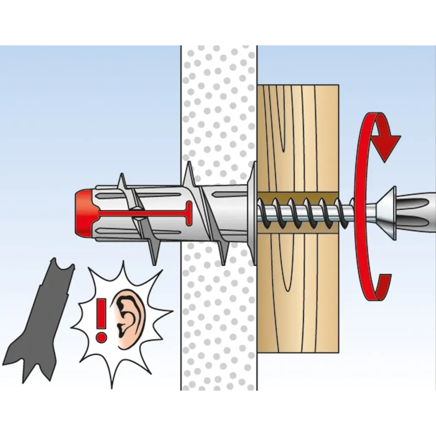 Illustration: Fischer Duoblade Gipskartondübel in Anwendung mit Schraube in Wand und Holz.