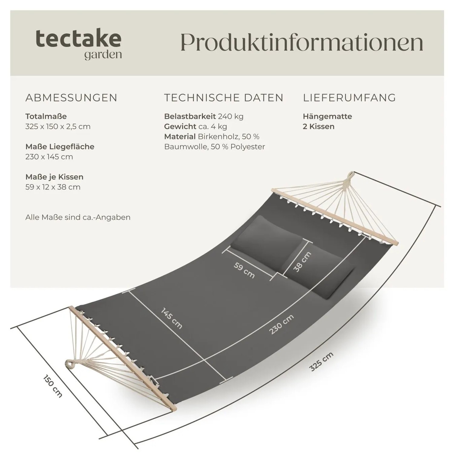 Tectake Hängematte Eden Mit Spreitzstäben  Für 2 Personen Strapazierfähiger Stoff  325 x 150 x 2 50 cm Dunkelgrau_6